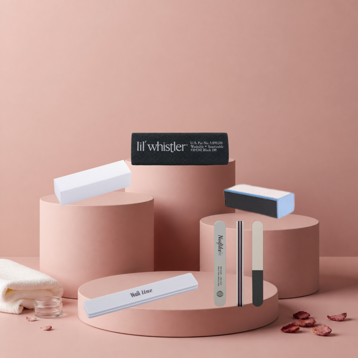 Nailline Buffers & Polijstvijlen – Polijstblok Wit, Sponge Buffer, Buff & Shine, Boyfriend Polijstvijl en Lil Whistler Polijst