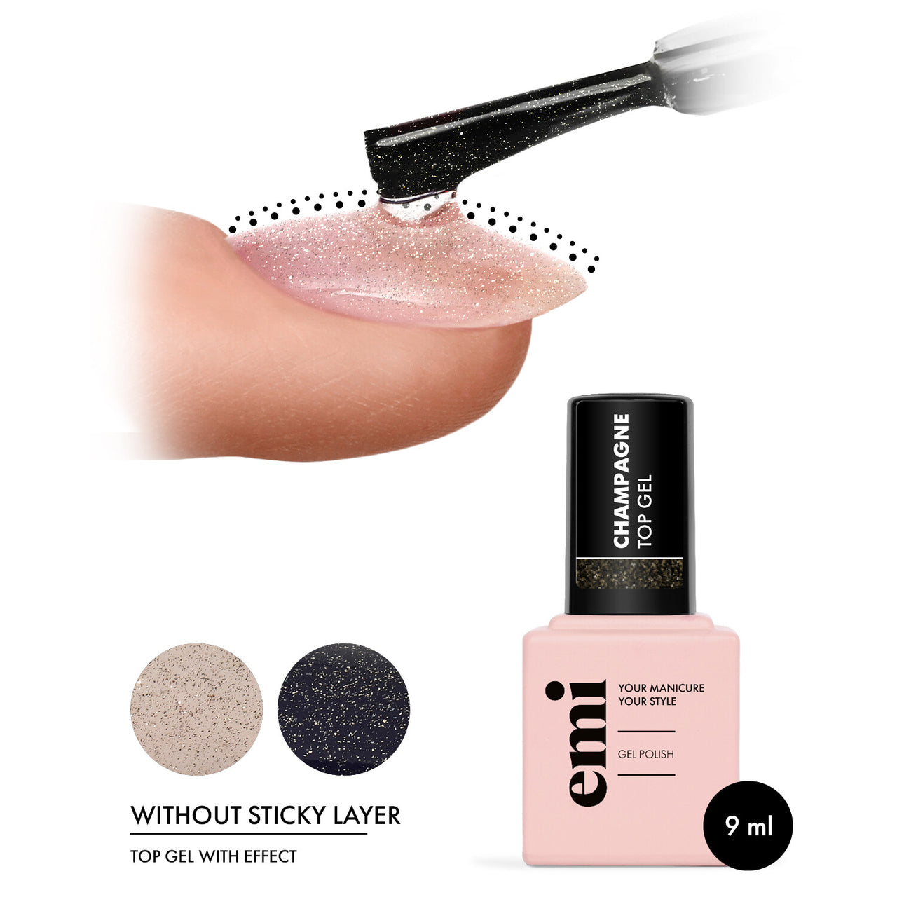 E.MiLac Champagne Top Gel, 9 ml.