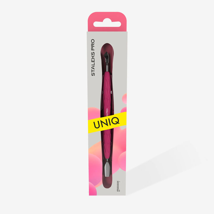 STALEKS Manicure Pusher With Silicone Handle "Gummy" UNIQ 10 TYPE 4.2 (Narrow Rounded Pusher + Bent Blade)